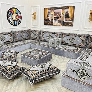 8'' Thick Modular U Shaped Arabic Living Room Sofa Floor Seating Set ,Boho Floor Couches ,Sectional Sofa, Arabic Majlis Sofa, Floor Cushion U Set+Ottoman+Pillow