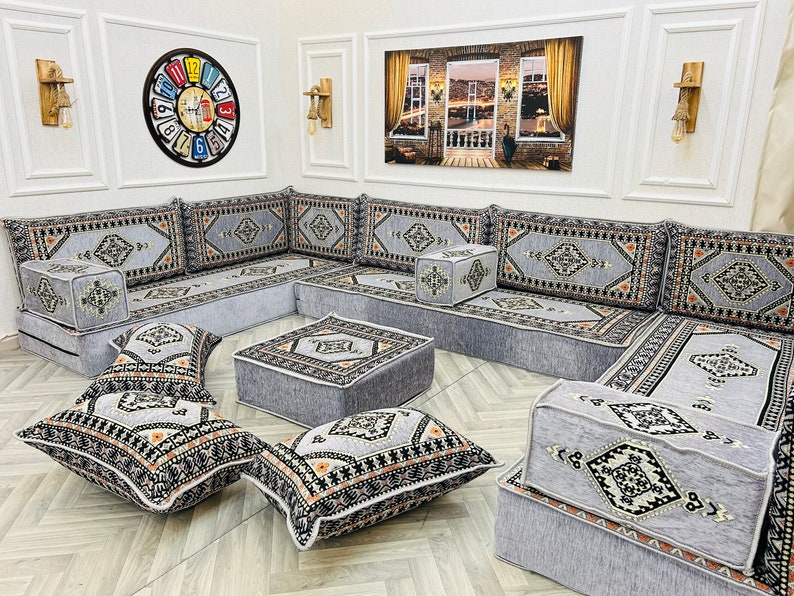 8'' Thick Modular U Shaped Arabic Living Room Sofa Floor Seating Set ,Boho Floor Couches ,Sectional Sofa, Arabic Majlis Sofa, Floor Cushion U Set+Ottoman+Pillow