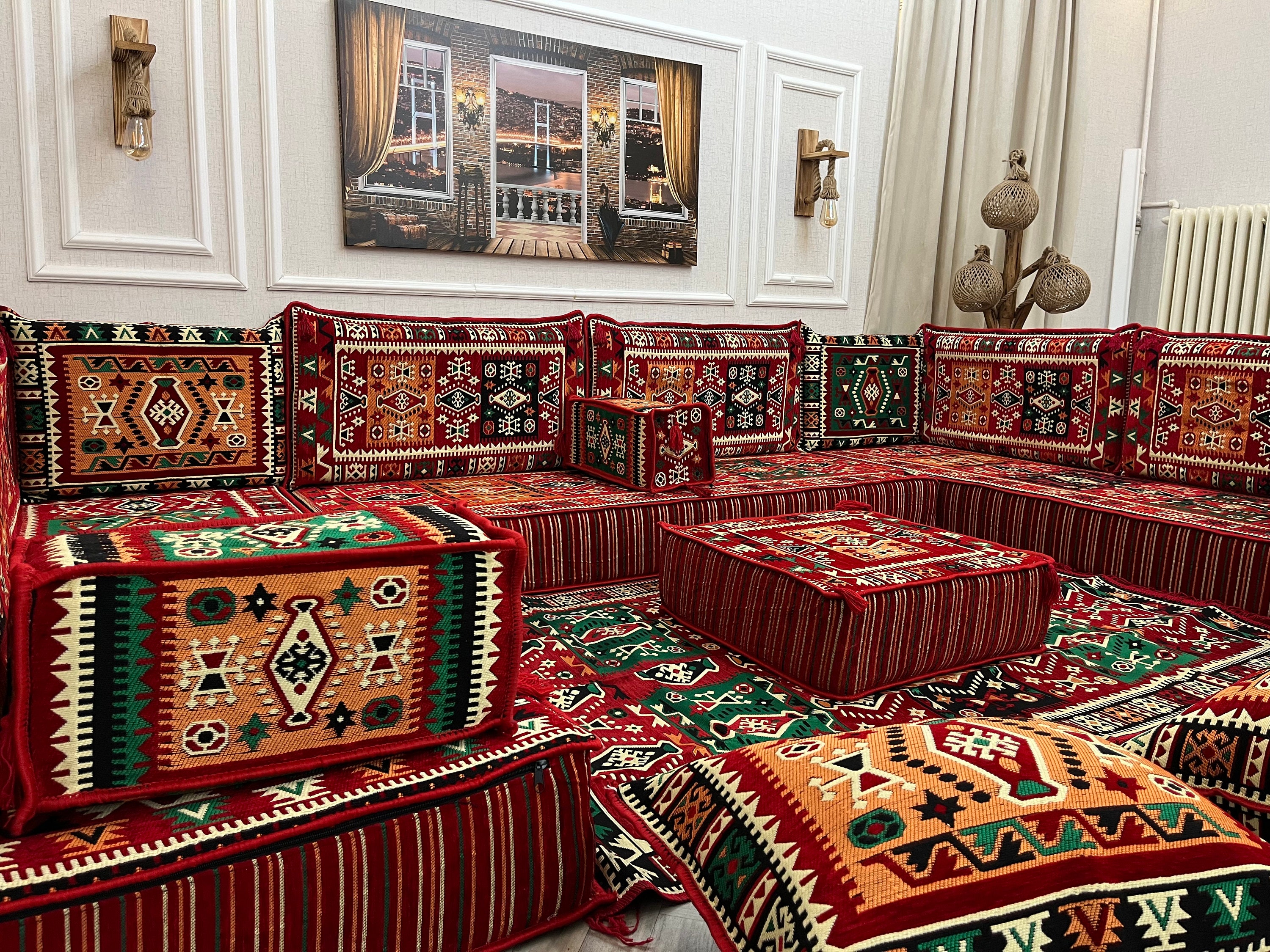 Majilis Rug U Shaped Arabic Majlis Sofa Set: Boho Floor Seating, Ottoman & Rug - Etsy