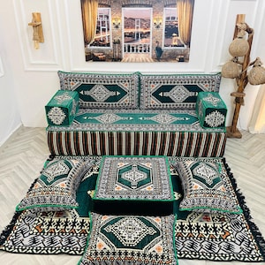 12-inch Thick Emerald Green Turkish Floor Sofa Set: Arabic Majlis Seating with Ottoman Rug