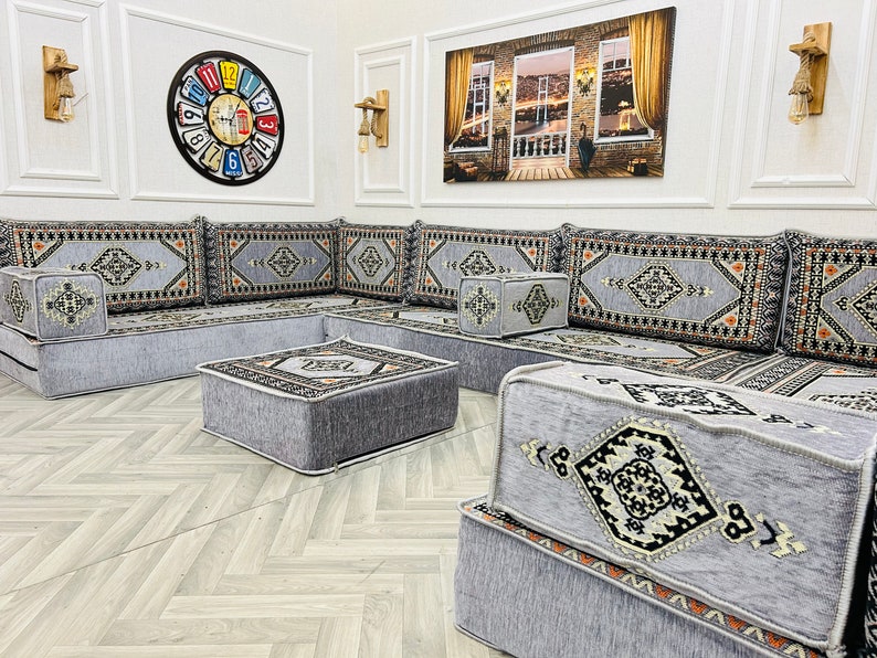 Ensemble de sièges au sol pour canapé de salon arabe modulaire en forme de U de 8 po., canapés de sol bohèmes, canapé sectionnel, canapé majlis arabe, coussin de sol image 4
