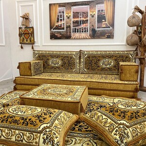 Gold Ottoman Pattern Arabic Floor Sofa Set: Living Room Decor, Floor Couch