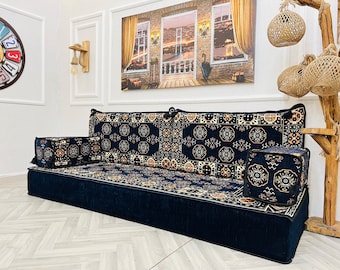 Navy Arabic Sofa 8 inch Thick Living Room Floor Seating Couch, NavyFloor Cushion, Moroccan Couch, Floor Seating Set, Boho Living Room Decor