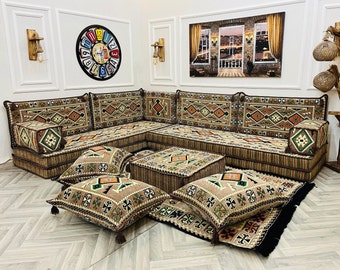 8 Zoll dickes sandbeige L-förmiges Wohnzimmer-Sofa-Set, arabisches Boden-Sitzset, osmanische Couch und Teppich, türkisches Bodensofa, Ecksofa-Set