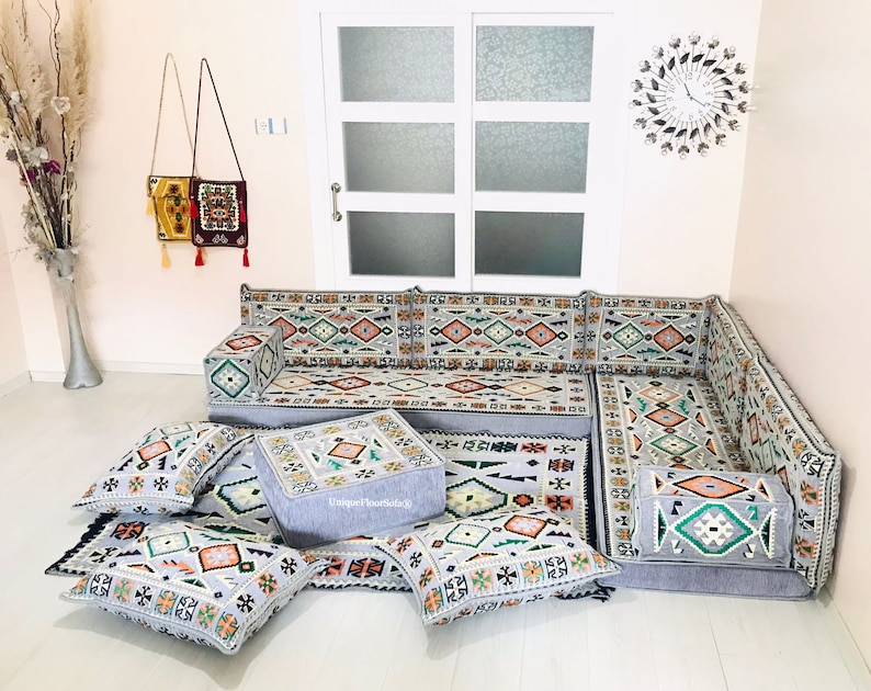 Light Gray Arabic Floor Sofa Set: L-shape Modular Majlis With Rug - Etsy