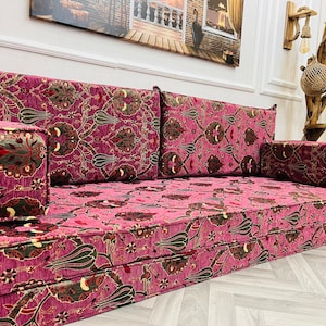 8'' Thick Functional Floor Seating Living Room Sofa Set, Turkish Tulip Pattern Floor Cushion,Unique Design Living Room Decor,Arabic Sofa Set Sofa Only