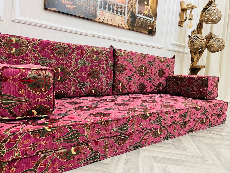 8'' Thick Functional Floor Seating Living Room Sofa Set, Turkish Tulip Pattern Floor Cushion,Unique Design Living Room Decor,Arabic Sofa Set Sofa Only