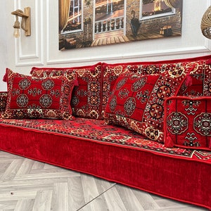 Red Arabic Sofa 8 inch Thick, Living Room Floor Seating Sofa,Boho Home Decor,Moroccan Couch,Floor Seating Pillows|2 large pillows  as a gift