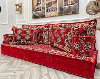 Red Arabic Sofa 8 inch Thick, Living Room Floor Seating Sofa,Boho Home Decor,Moroccan Couch,Floor Seating Pillows|2 large pillows  as a gift