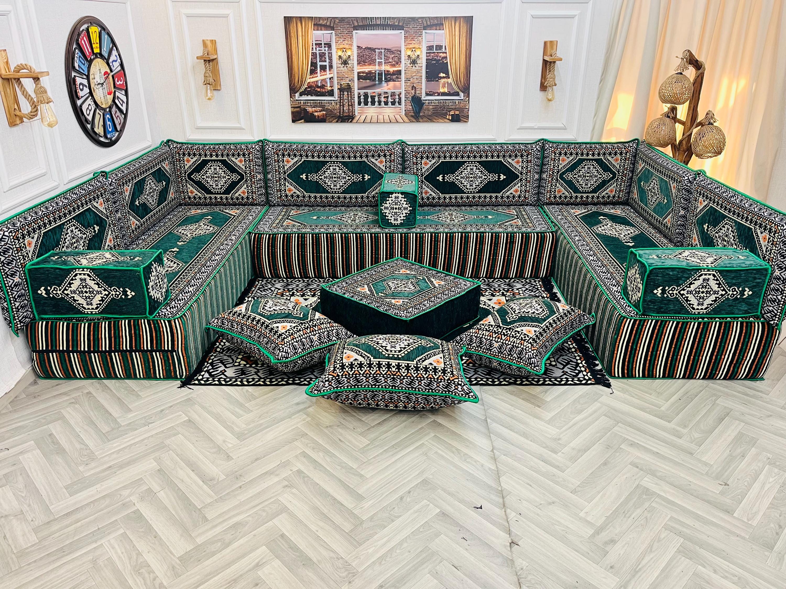 Majilis Rug 12'' Thick Emerald Green Arabic Majlis Sofa Set: U Shaped Floor Seating ...
