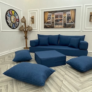 8&#39;&#39; THICK Elegant Blue Sofa Linen Fabric Floor Seating Sofa ,Yoga Meditation Sofa Bed, Arabic Living Room, Bohemian Home Decor Floor Couch