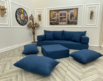 8'' THICK Elegant Blue Sofa Linen Fabric Floor Seating Sofa ,Yoga Meditation Sofa Bed, Arabic Living Room, Bohemian Home Decor Floor Couch