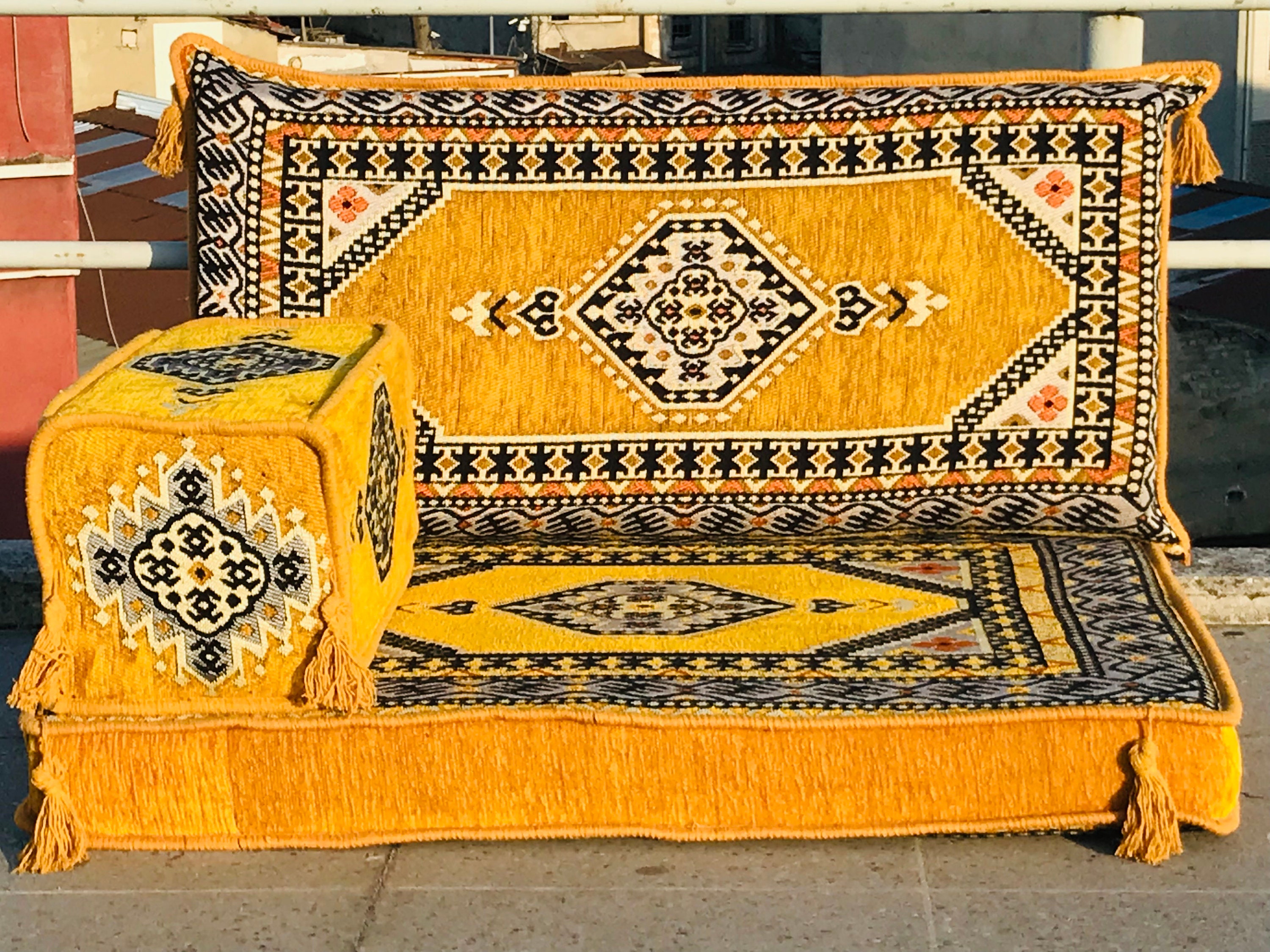 Yellow Boho Single Floor Sofa: Arabic Style Modular Seating