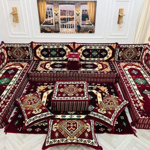 U Shaped Arabic Majlis Sofa Set: Floor Seating, Cushions & Rug, Floor Pillows
