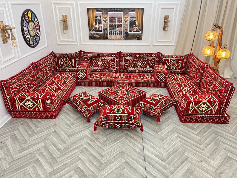 Authentic Red U Shaped Arabic Sofa Living Room Floor Seating Set, Boho Floor Couch, Arabic Majlis, Turkish Floor Sofa Set, Ottoman Couch Rug U Set+Ottoman&Pillow