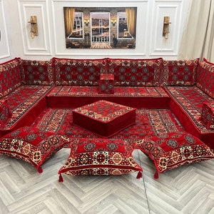 8 inch Thick Red U Shaped Arabic Living Room Sofa Floor Seating Set, Moroccon Home Decor ,Sectional Sofa,Arabic Majlis,Ethnic Floor Cushion