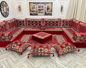 Ensemble de sièges de sol pour canapé de salon arabe en forme de U rouge, 20 cm (8 po.) d'épaisseur, décoration d'intérieur marocaine, canapé sectionnel, majlis arabe, coussin de sol ethnique