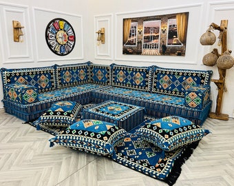 Canapé arabe en forme de L de 20 cm (8 po.) bleu marine, ensemble de sièges au sol du salon, majlis arabe, canapé sectionnel, coussins de sol, canapé ottoman et tapis kilim