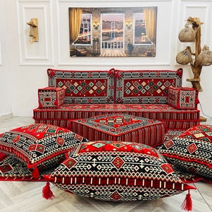 8 inch Thick Red Arabic Floor Sofa Set: Living Room Seating with Cushions