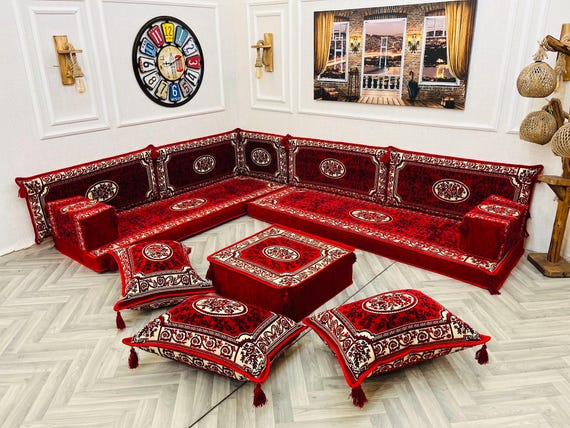 Ottoman Style L Shaped Floor Sofa Set: Arabic Majlis Corner Couch