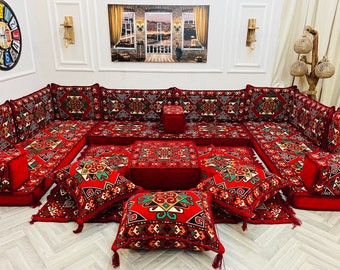 Authentic Cozy U Shaped Arabic Sofa Living Room Floor Seating Set, Boho Floor Couch, Sectional Sofa,Turkish Floor Sofa Set,Ottoman Couch Rug