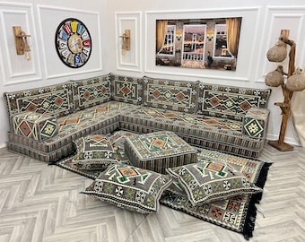 Gray Arabic Seating Majlis Sofa Set: L-Shape Floor Seating with Rug