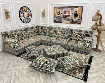 8" Dark Gray L Shaped Arabic Sofa Living Room Sofa Set, Floor Seating Sofa, Arabic Majlis, Sectional Sofa,Floor Cushions,Ottoman Couch & Rug