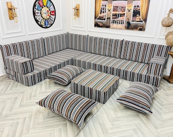 Boho Boden Couch: L-förmiges flauschiges Schnittsofa mit Kissen, Bodensitzgarnitur