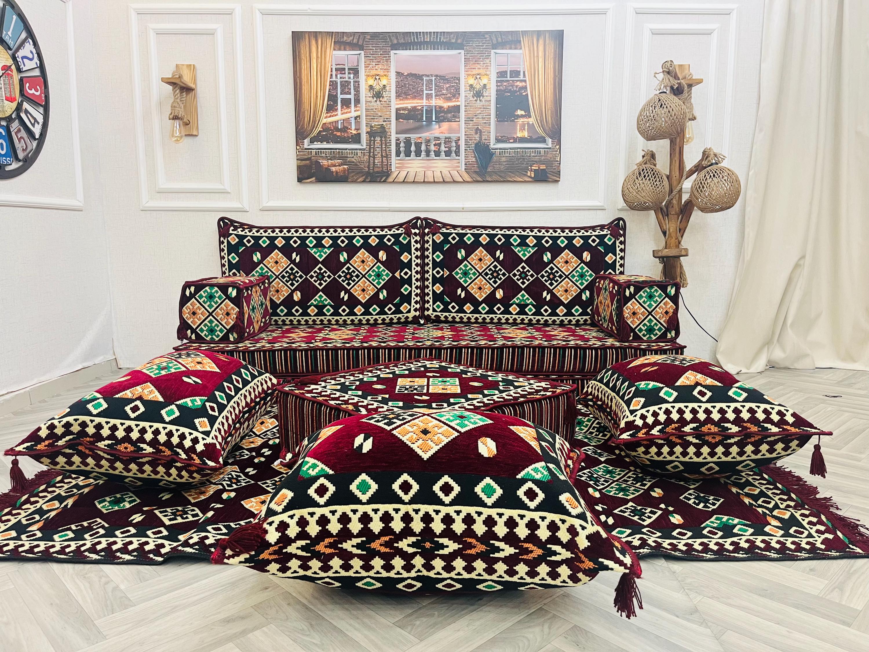 Authentic Arabic Floor Sofa Set: 8'' Thick Cushions, Ottoman & Rug