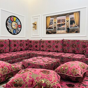 8インチ厚L字型アラビアソファリビングルームセット、フロアシーティングソファ、アラビアマジリス、セクショナルソファ、フロアクッション、オットマンソファ＆ラグ、枕