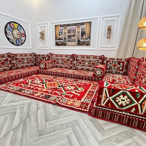 Authentic Red U Shaped Arabic Sofa Living Room Floor Seating Set, Boho Floor Couch, Arabic Majlis, Turkish Floor Sofa Set, Ottoman Couch Rug U Sofa + Rug