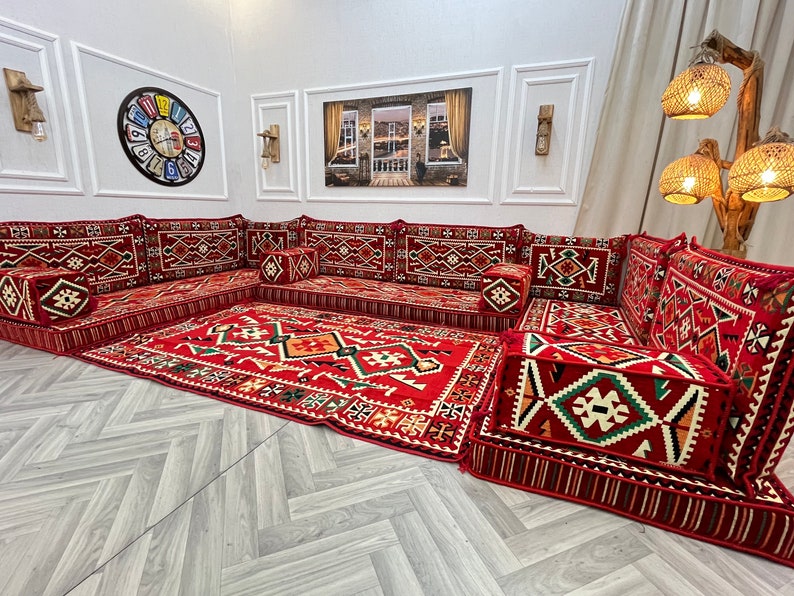 Authentic Red U Shaped Arabic Sofa Living Room Floor Seating Set, Boho Floor Couch, Arabic Majlis, Turkish Floor Sofa Set, Ottoman Couch Rug U Sofa + Rug