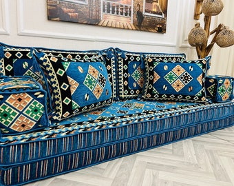 Arabic Sofa 8 inch Thick Navy Floor Cushion Couch, Living Room Floor Seating , Boho Home Decor, Moroccan Couch | 2 throw pillows  as a gift