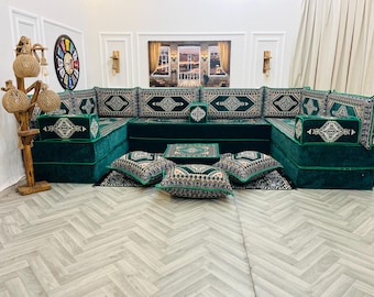 16 inch High Thickness Arabic Majlis Sofa U Shaped Couch Set, Turkish Floor Sofa Green, Floor Couch, Living Room Decor, Sectional Sofa Set