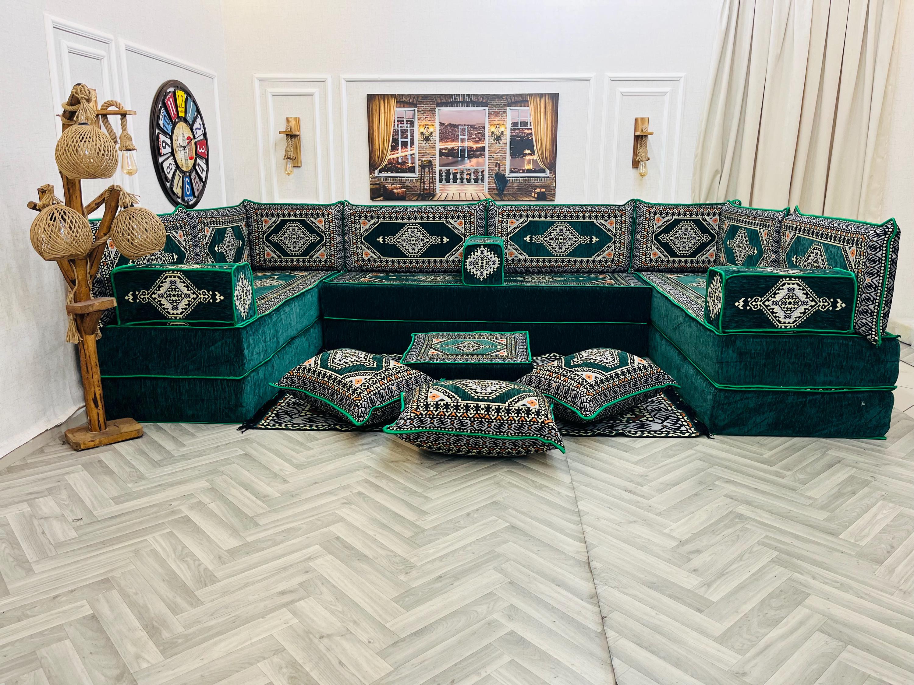 Ensemble de canapés de sol marocains gris : sièges majlis arabes en forme de L - Canada