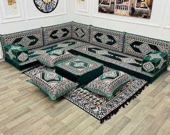 Modular L-Shaped Floor Couch | Moroccan Floor Sofa Set | Arabic Majlis Seating