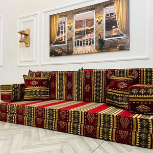 Moroccan Floor Sofa Set: 8-inch Thick Ethnic Couch, Living Room Seating + 2 Pillows