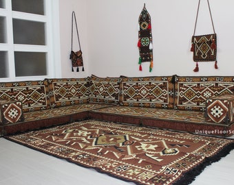 L Shaped Brown Arabic Floor Sofa Seating Set,L Shaped Sofa,Sectional Sofa,Couches,Arabic Majlis,Floor Cushions,Corner Floor Seating Sofa Set