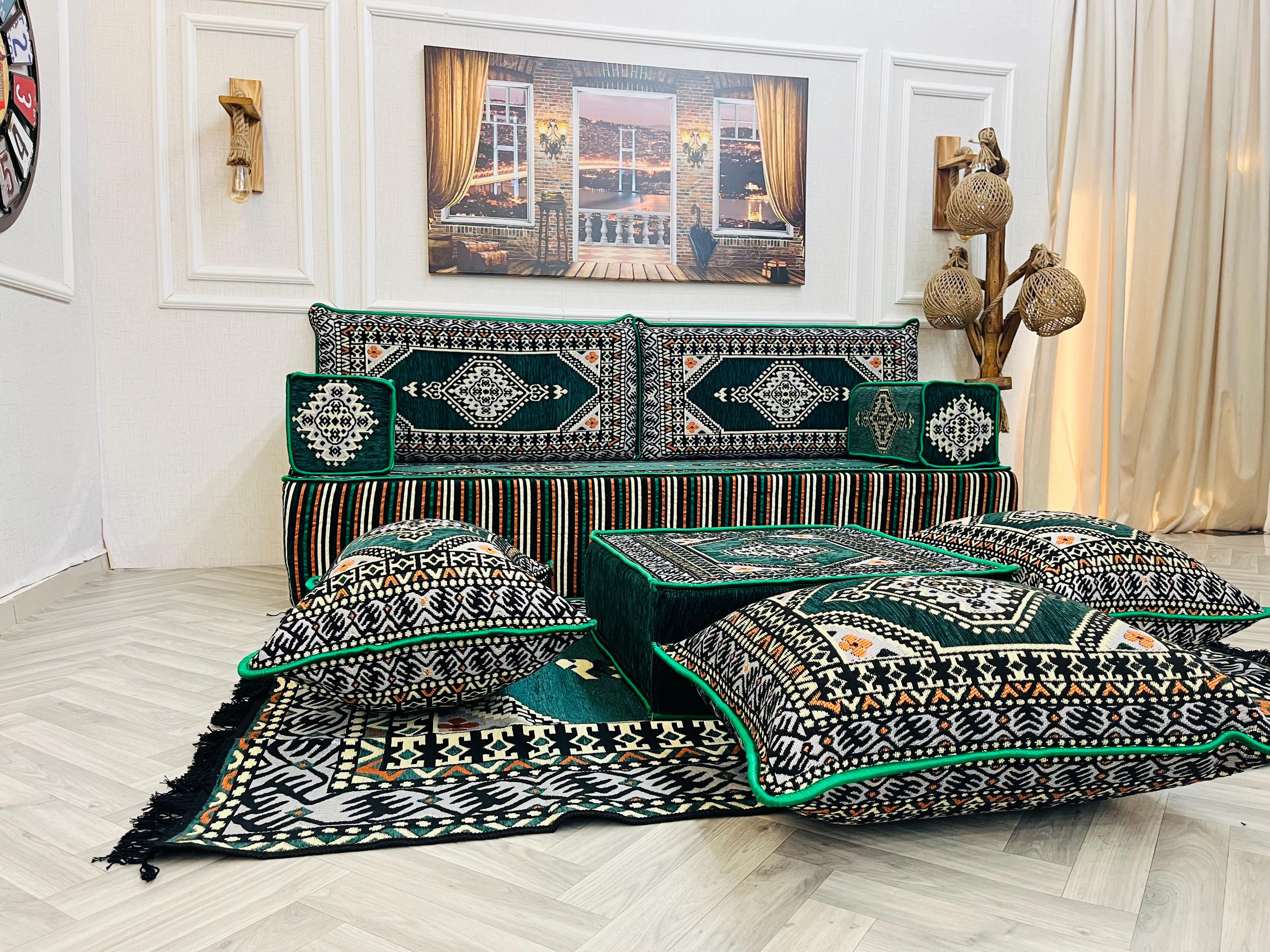 厚さ12インチのエメラルドグリーンのトルコ式フロアソファセット
