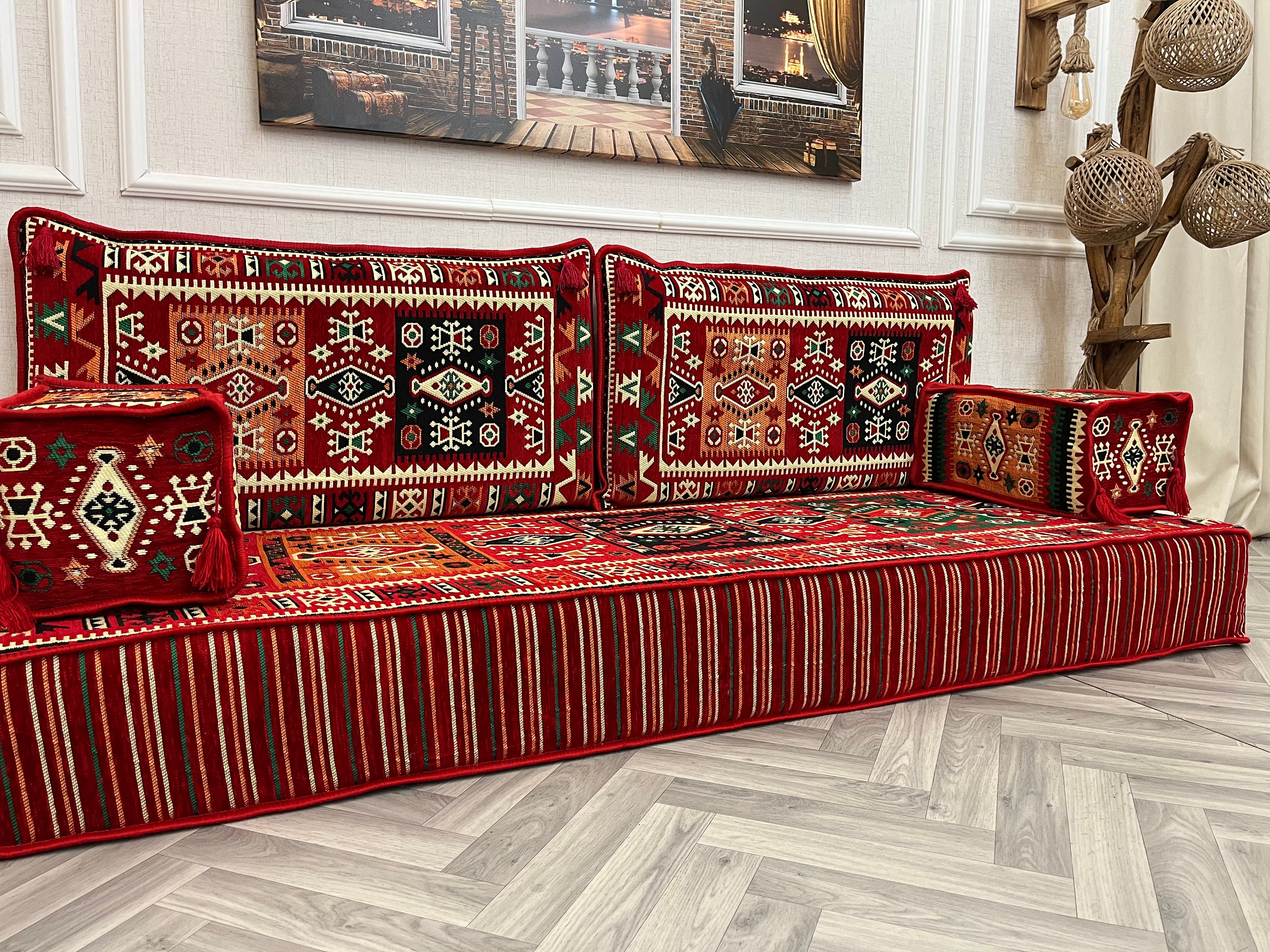 アラビア風フロアソファ：厚さ8インチのモロッコ風ソファ（枕2個付き