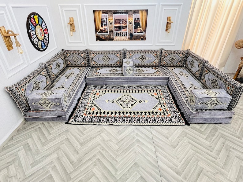 8'' Thick Anatolian U Shaped Arabic Living Room Sofa Floor Seating Set ,Boho Floor Couches ,Sectional Sofa, Arabic Majlis Sofa,Floor Cushion U Sofa + Rug