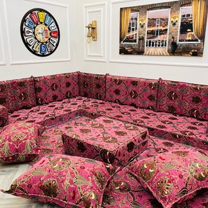 Traditional L Shaped Ottoman Tulip Pattern Floor Seating Sofa Set, Living Room Sofa, Ottoman Couch, Floor Cushion Couch, Arabic Sofa Set
