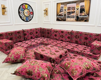 Traditional L Shaped Ottoman Tulip Pattern Floor Seating Sofa Set, Living Room Sofa, Ottoman Couch, Floor Cushion Couch, Arabic Sofa Set