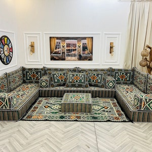 8 inch Thick U Shaped Modular Dark Grey Arabic Living Room Sofa Floor Seating Set ,Boho Floor Couch, Floor Cushion,Anatolian Sofa,Floor Sofa image 6