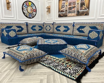 8&quot; Seating Thick L Shaped Arabic Living Room Floor Seating Sofa Set, Sectional Sofa Couch, Boho Couches, Ottoman Couch Kilim, Floor Pillows
