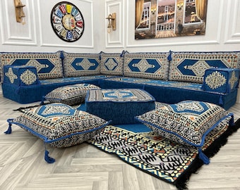 8" Seating Thick L Shaped Arabic Living Room Floor Seating Sofa Set, Sectional Sofa Couch, Boho Couches, Ottoman Couch Kilim, Floor Pillows