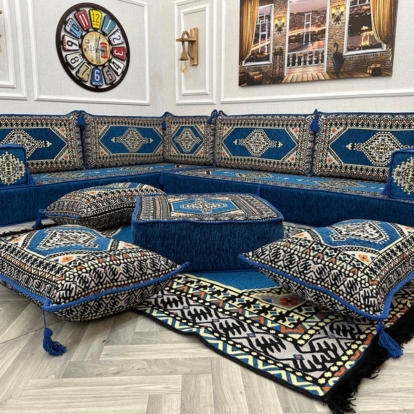 20 cm dickes L-förmiges arabisches Wohnzimmer-Bodensitz-Sofa-Set, Schnittsofa-Couch, Boho-Couches, Osmanische Couch Kelim, Bodenkissen