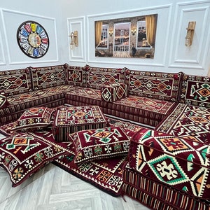 8 inch Thick Burgundy U Shaped Arabic Majlis Floor Sofa: Boho Floor Seating Set