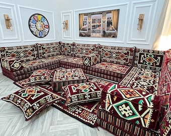 8&#39;&#39; Thick U Shaped Arabic Modular Sectional Living Room Sofa, Floor Seating Set ,Boho Floor Couches, Arabic Majlis Sofa, Floor Cushion Sofa