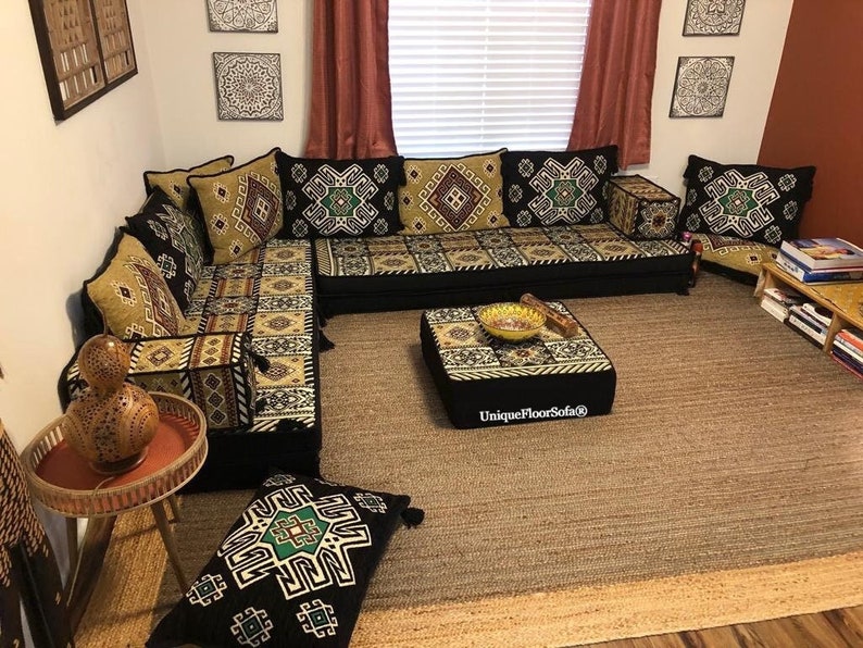 8'' Thickness L Shaped Arabic Sofa Set, Floor Seating, Floor Couch Moroccan, Kilim Rug, Ottoman Couch, Living Room Furniture, Home Decor image 5